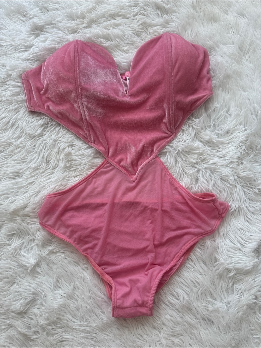 Sugar Thrillz pink velvet & mesh heart cut out bodysuit L